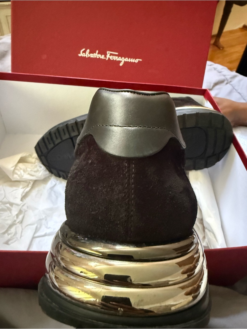 Salvatore Ferragamo Men's Dark Brown Suede Sneakers with Metallic Silver Heel